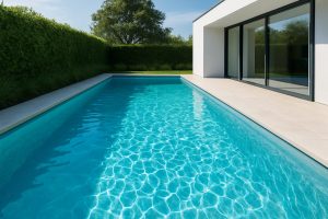 A pristine swimming pool surrounded by landscaped greenery and modern architecture.