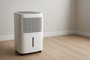 A white dehumidifier positioned in a clean, empty room with wood flooring