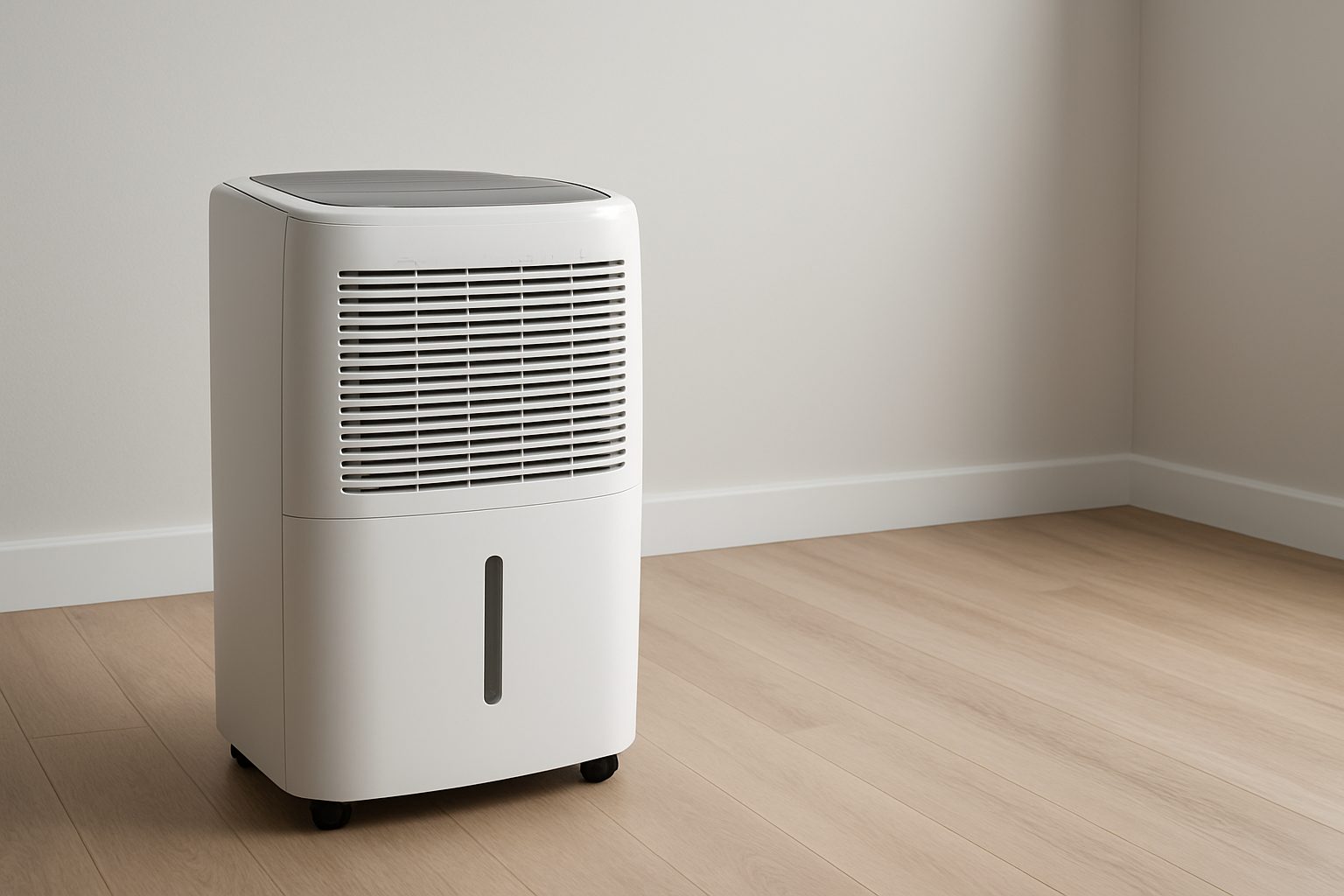 A white dehumidifier positioned in a clean, empty room with wood flooring